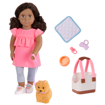 Our Generation 18 inch Doll Ayanna and her pet dog Goldie and dog accessories