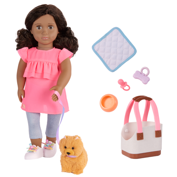 Our Generation 18 inch Doll Ayanna and her pet dog Goldie and dog accessories