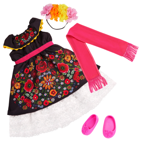 Dia de los Muertos Tehuana-inspired Dress Outfit & Floral Headband for 18-inch Dolls