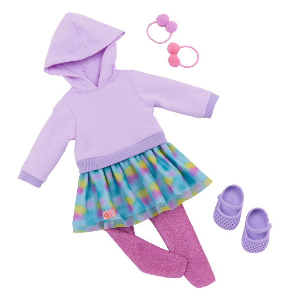 Our Generation Doll Ada's outfit including hoodie, skirt, leggings, shoes and hair bands