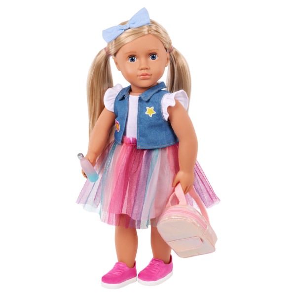 Our Generation Doll Evie in Rainbow Skirt with School Bag