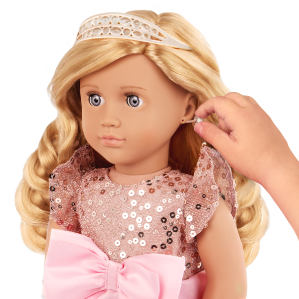 Child Putting Earrings on Our Generation Anniversary Doll Allyn