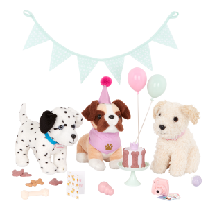 Our Generation Party Pups Birthday Decoration Set Dog Plush Pets 18-inch Doll Accessories