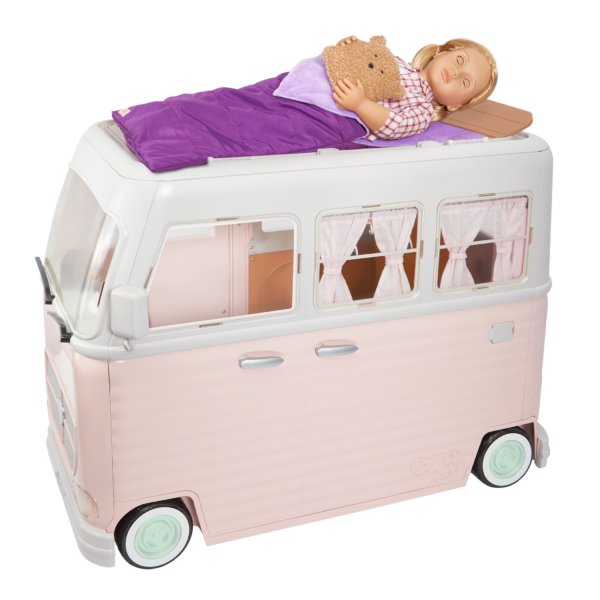 Our Generation Doll in Sleeping Bag on Roof of Camper