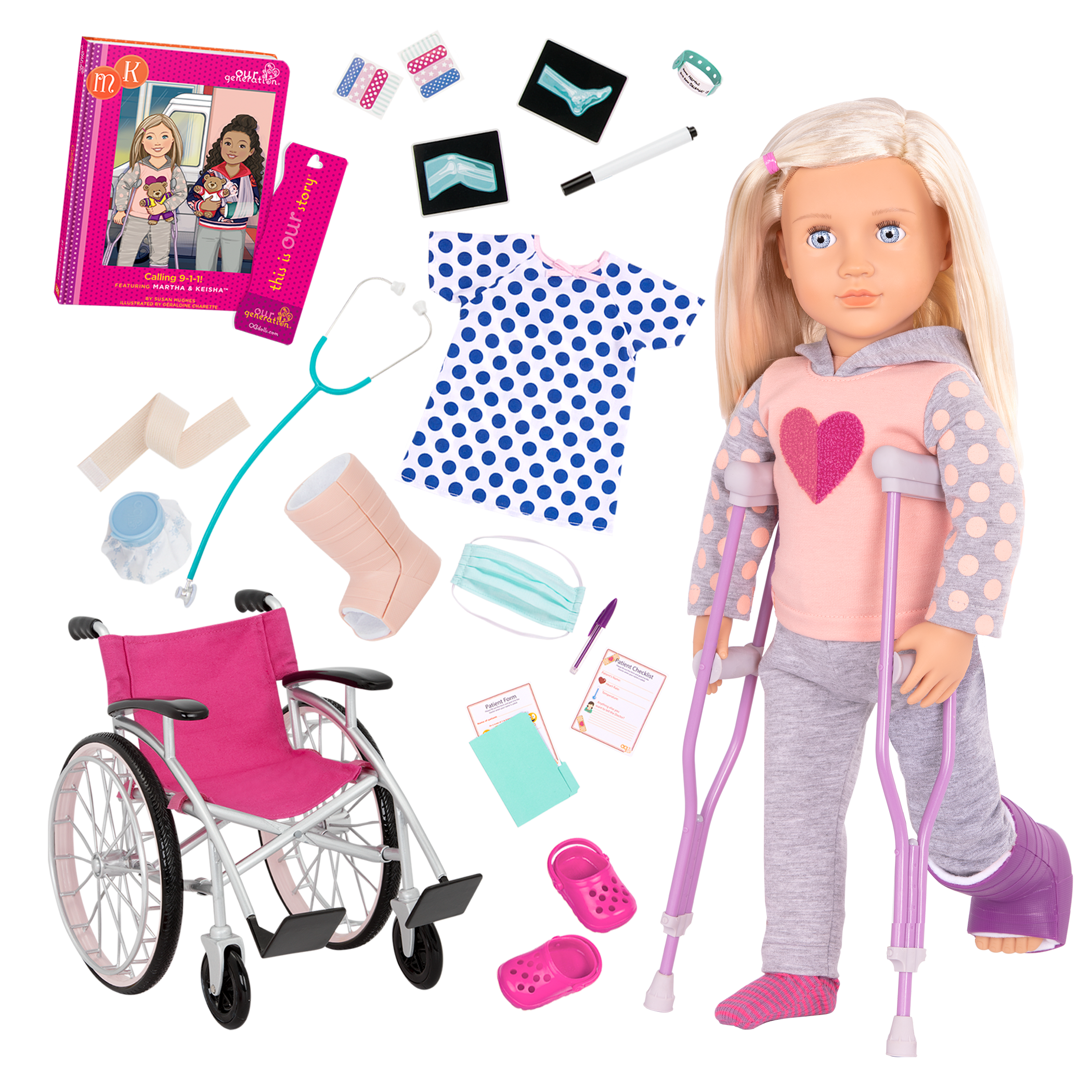 18-inch Doll Martha & Heals On Wheels Bundle Set 