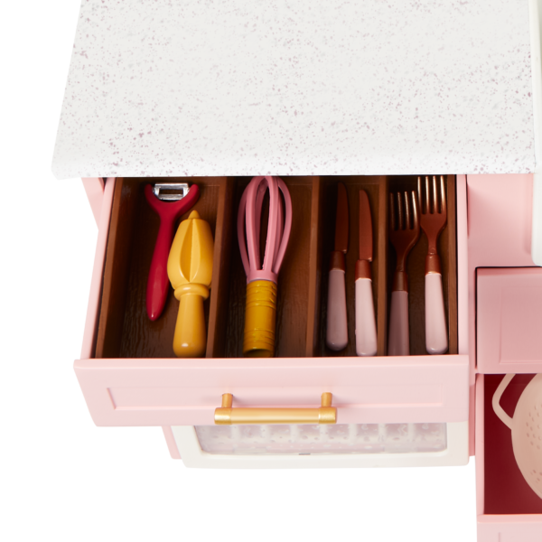 Our Generation Cooking Island Kitchen Playset Opening Drawers for 18-inch Dolls