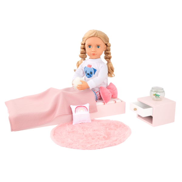 Our Generation 18-inch Doll Hally Sitting on Platform Bed