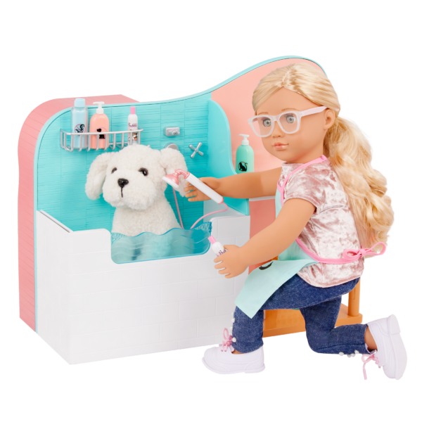 Our Generation Doll Washing Pet Pup Inside the Vet Bathtub