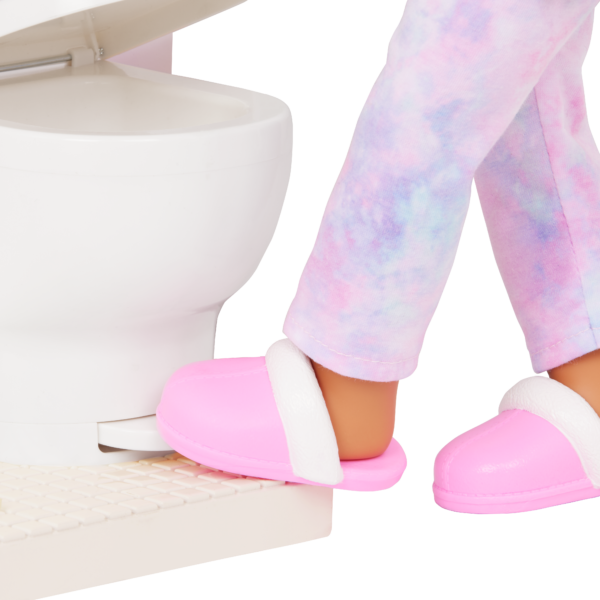 Our Generation Doll Pressing Pedal on Toilet for Flushing Sound