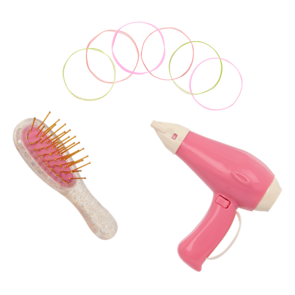 Our Generation Salon accessories for 18-inch dolls including hair brush, blow dryer and hair elastics