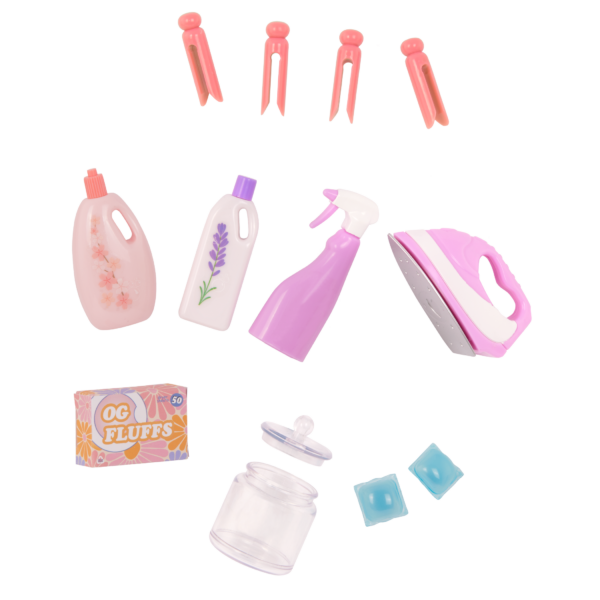 Accessories for 18 inch dolls from Laundry Day playset including iron, laundry products and clothes pegs