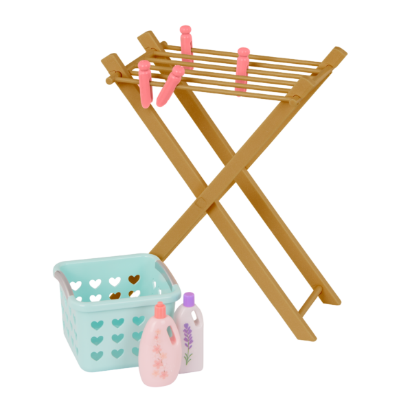 Accessories for 18 inch dolls from Laundry Day playset including drying rack, clothes pegs, laundry products and laundry basket