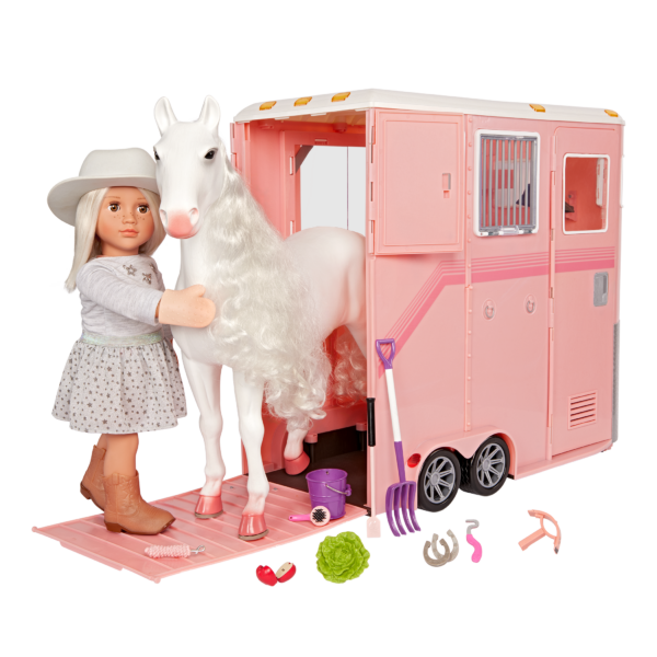 Our Generation 18 inch Doll and Horse in the Horse Trailer with accessories
