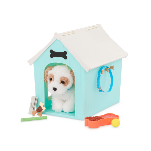 Plush Dog sitting inside the doghouse with toys and food bowl