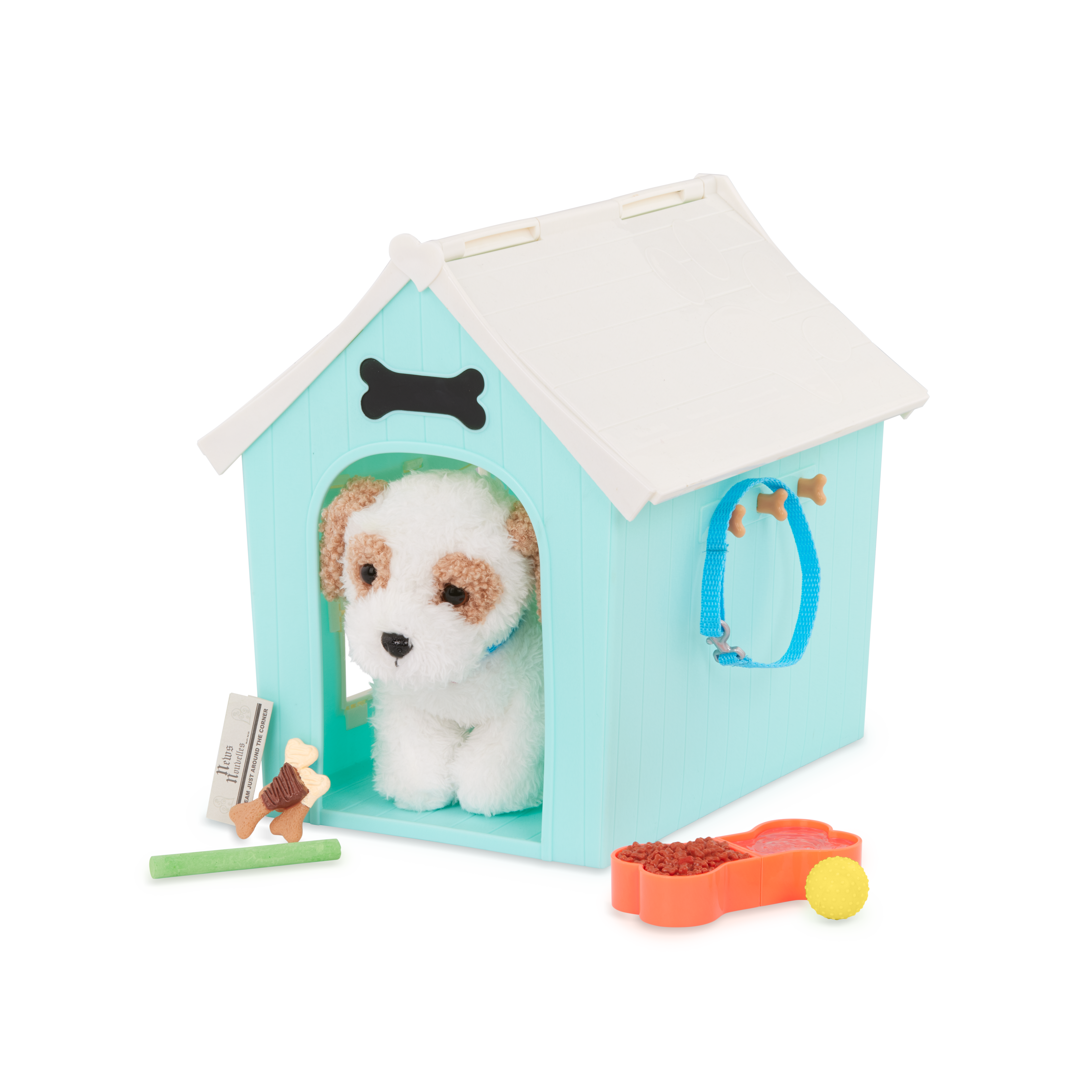 Plush Dog sitting inside the doghouse with toys and food bowl