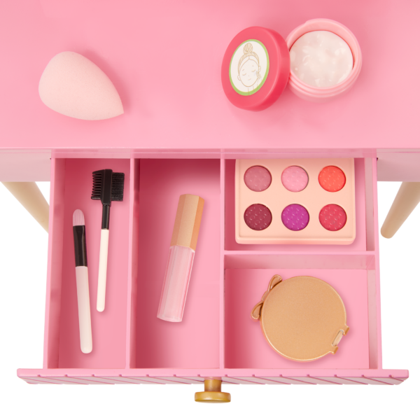 Our Generation Fabulous Fun Vanity Set for 18 inch Dolls vanity table drawer full of pretend make up