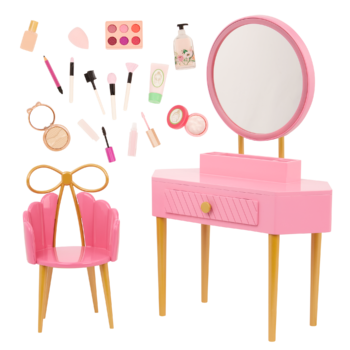 Our Generation Fabulous Fun Vanity Set for 18 inch Dolls including vanity table and chair, make up and skin care
