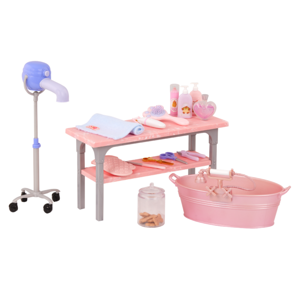 Our Generation Scrub and Style Pet Grooming Kit for 18 inch dolls including table, dryer, wash basin, dog treats and bath and grooming items