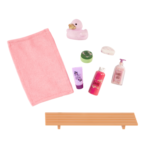 Pretend bath accessories including soap, shampoo, bath bench, lotions and rubber ducky