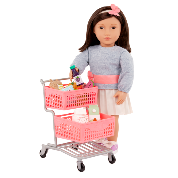 An OG 18 inch Doll standing beside shopping cart full of food items