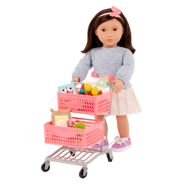 An OG 18 inch Doll standing beside shopping cart full of food items