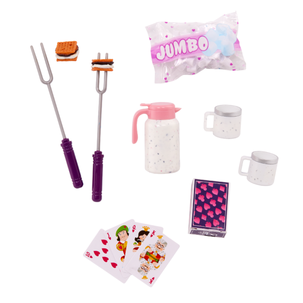 Our Generation Accessories for 18 inch dolls including food and utensils to make s'mores, and playing cards