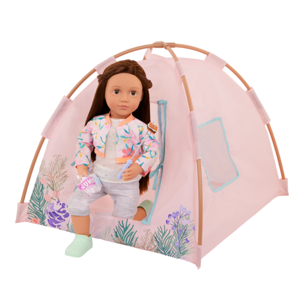 Our Generation Doll kneeling in front of a tent