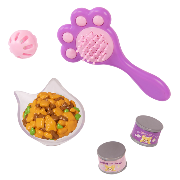 Accessories for Plush Cat including food dish, cat brush, cat food cans and cat toy