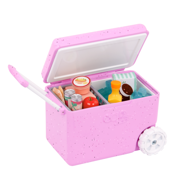 Our Generation Camping Cooler for 18" Dolls with lid open and filled with food