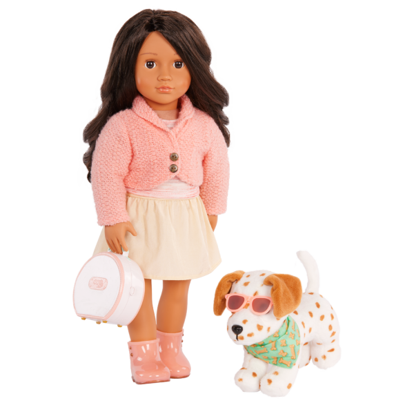 Our Generation 18" Doll with carry case and plush Dalmatian dog wearing sunglasses and bandana