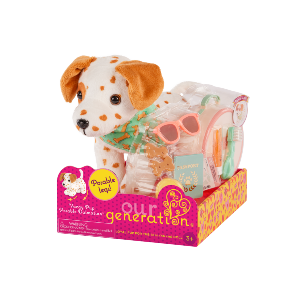 Our Generation Vacay Poseable Dalmatian Plush Dog in packaging