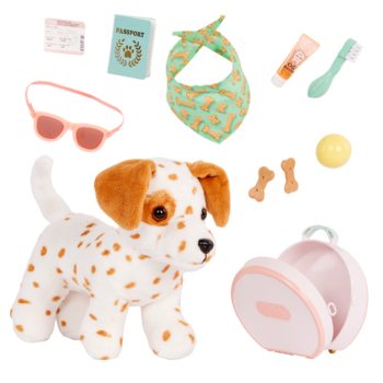 Our Generation Vacay Poseable Dalmatian Plush Dog and accessories including passport, sunglasses, travel items and carry case for accessories