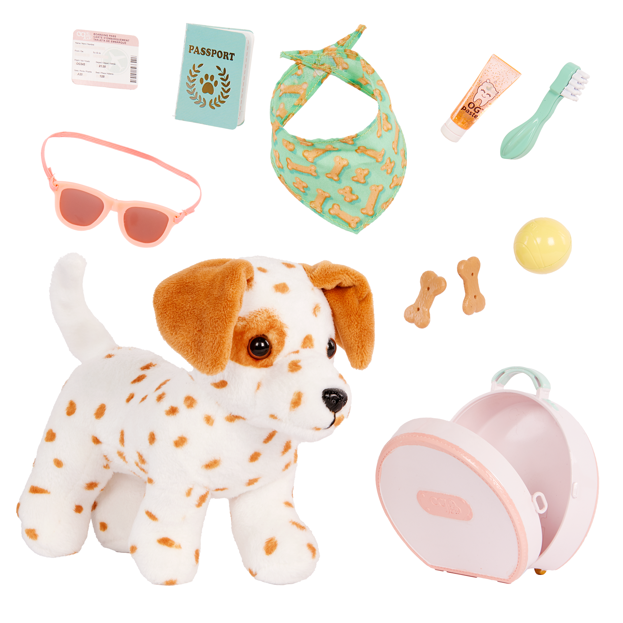 Our Generation Vacay Poseable Dalmatian Plush Dog and accessories including passport, sunglasses, travel items and carry case for accessories 