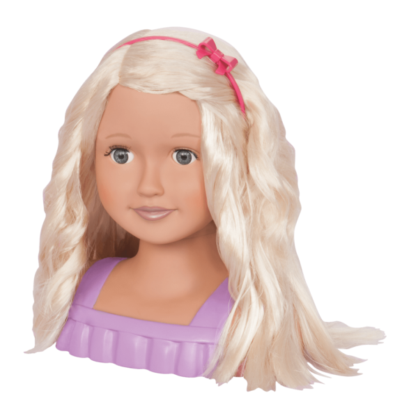 trista Doll Styling Head wearing headband with curly hair