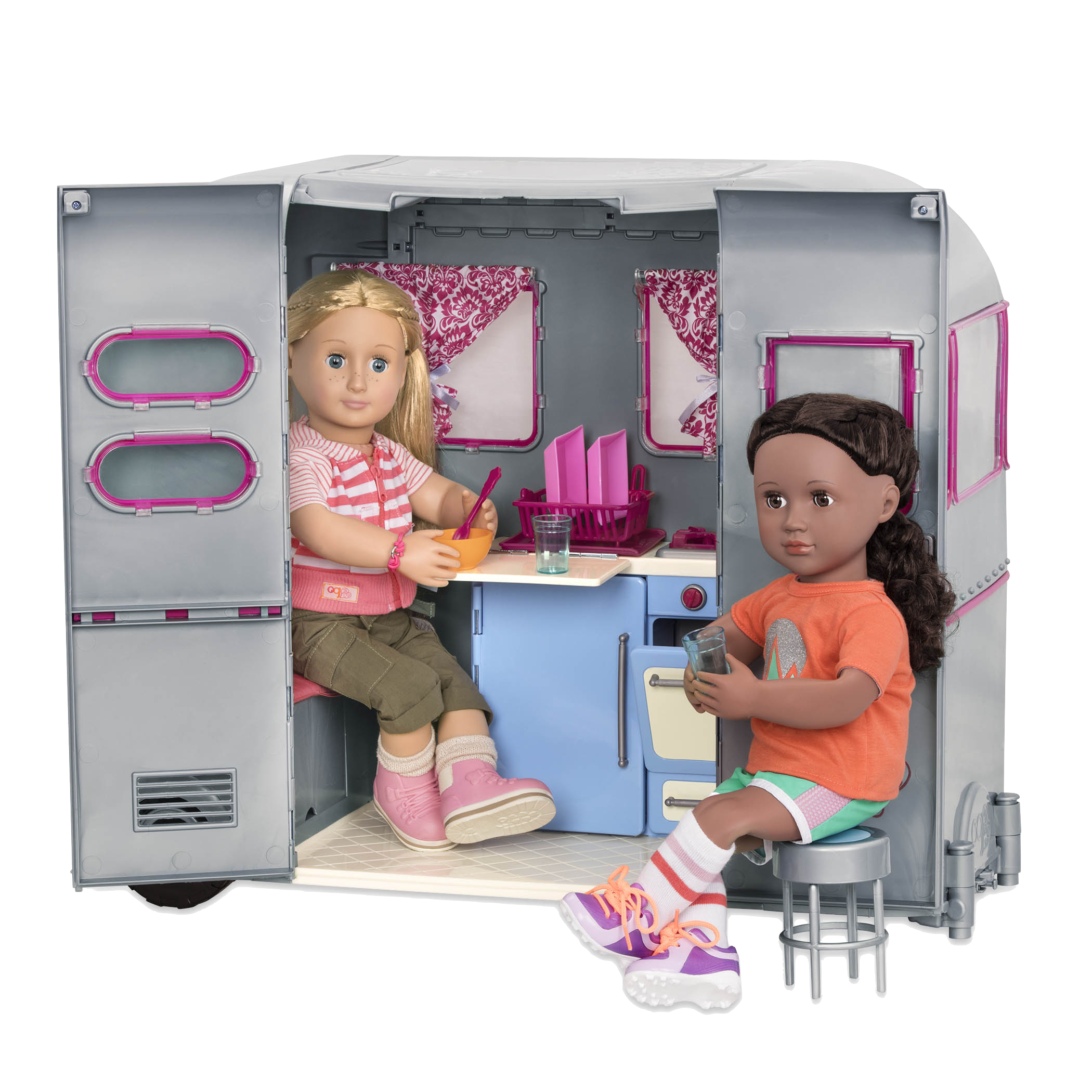 Rashida and Shannon playing in RV Seeing You Camper