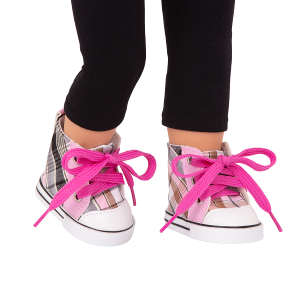 Plaid All Over High-Top Shoes Pink Shoelaces for 18-inch Dolls