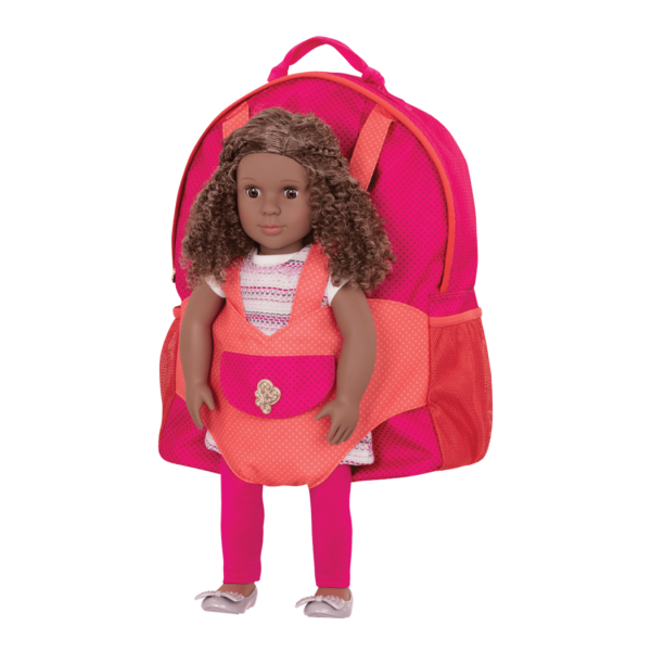Hop On Carrier Backpack Bright Dots with Dedra in harness
