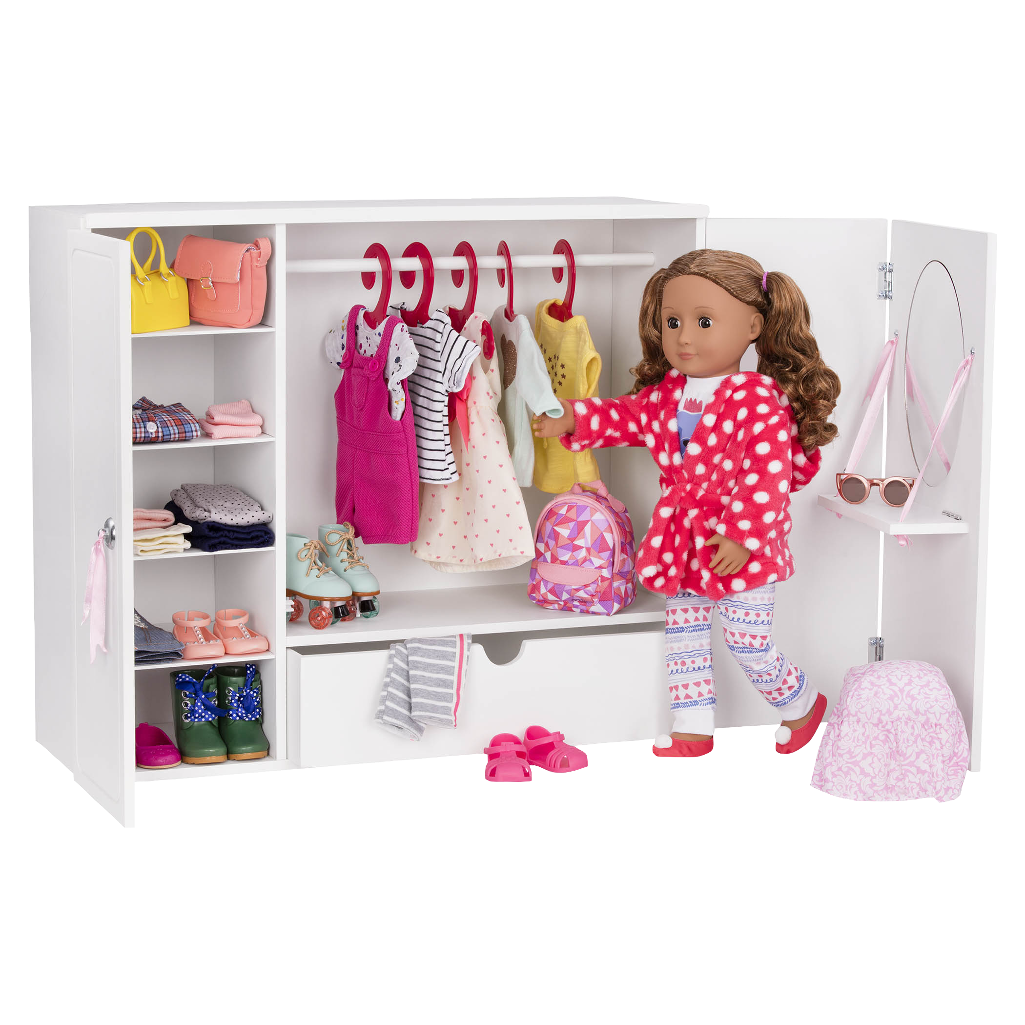 Isa and clothing inside the Wooden Wardrobe Closet for 18-inch Dolls