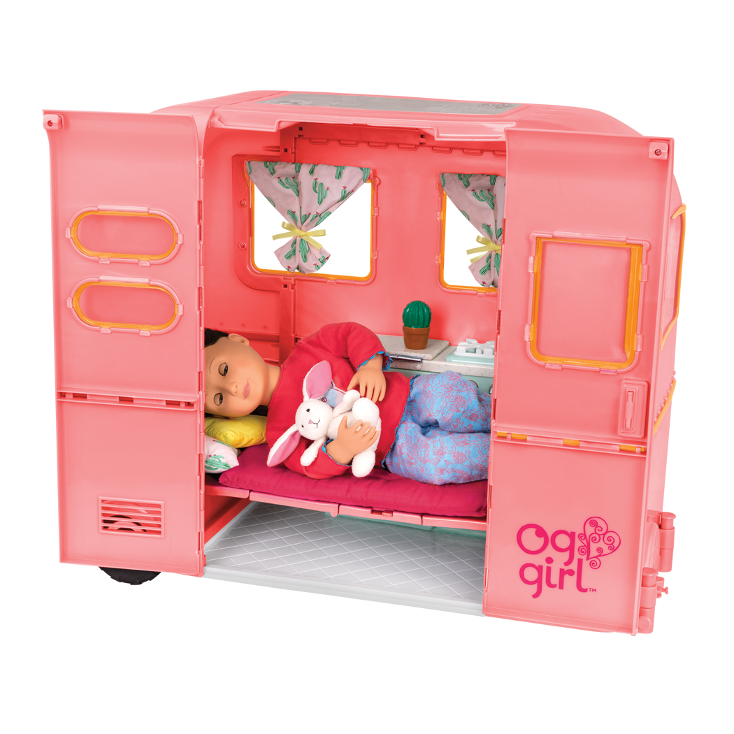RV Seeing You Camper Pink with Willow sleeping