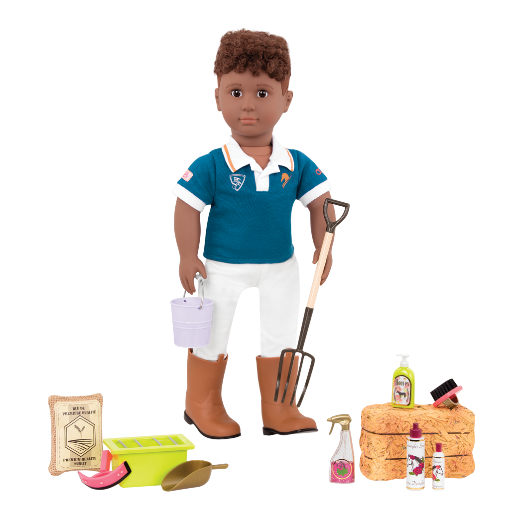 Hay and Neigh Horse care Set with Tyler doll holding pitchfork