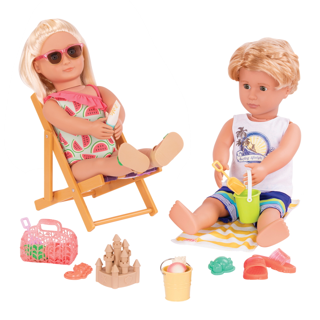 Seabreeze and Gabe 18inch dolls playing on beach