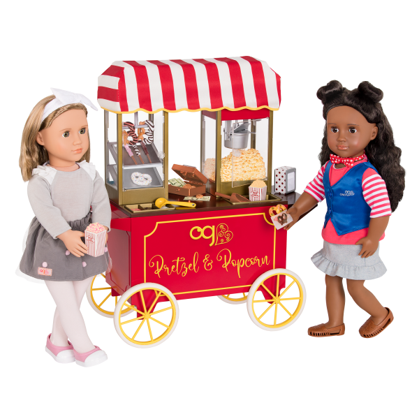 Poppin' Plenty Popcorn Snack Cart Play Food for 18-inch Dolls with Macy and Bina