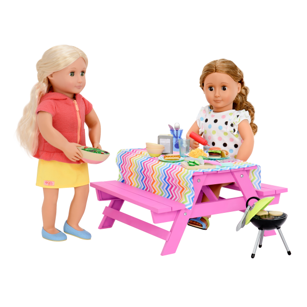 Pink Picnic Table Set for 18-inch Dolls with Ginger and Isa