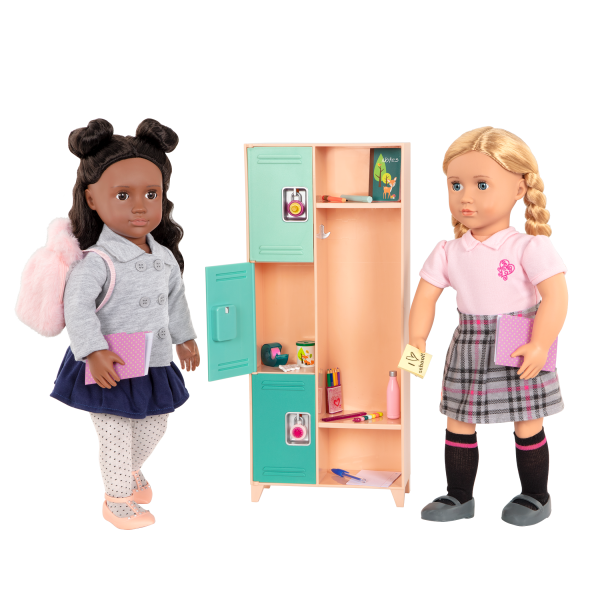 Bright & Learning School Accessories with 18-inch Dolls Macy and Hally Locker Playset