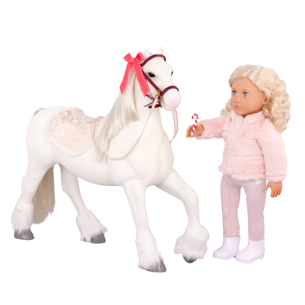 Ava doll feeding Clydesdale Horse a candy cane