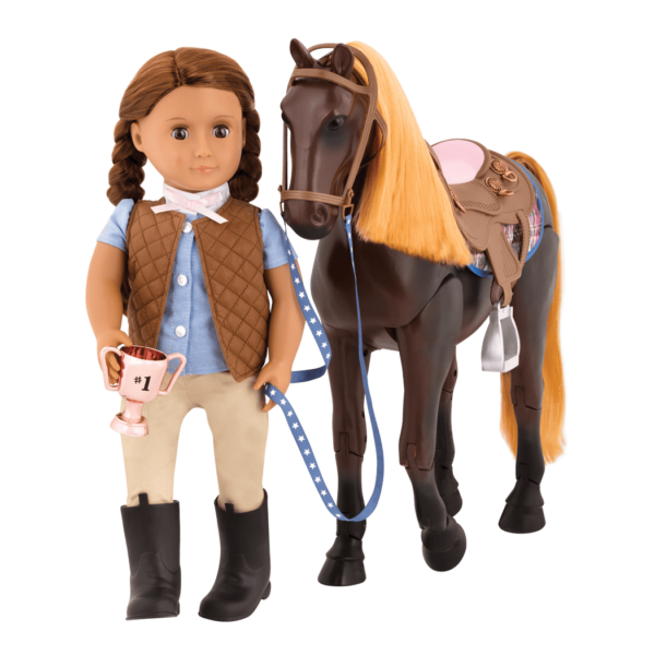 Posable Thoroughbred Horse with Catarina doll holding reins