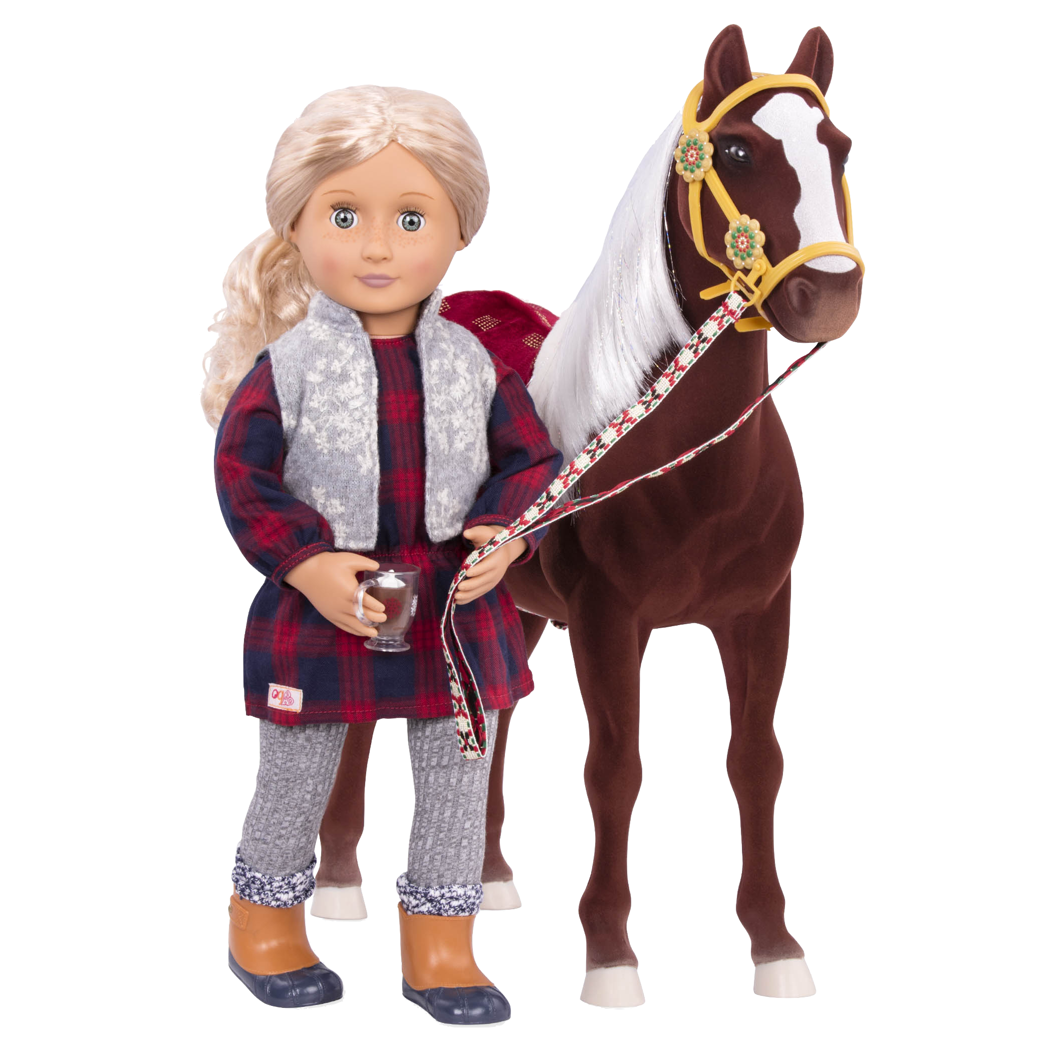Coral and Winter Wonder horse wearing cocoa cozy outfit