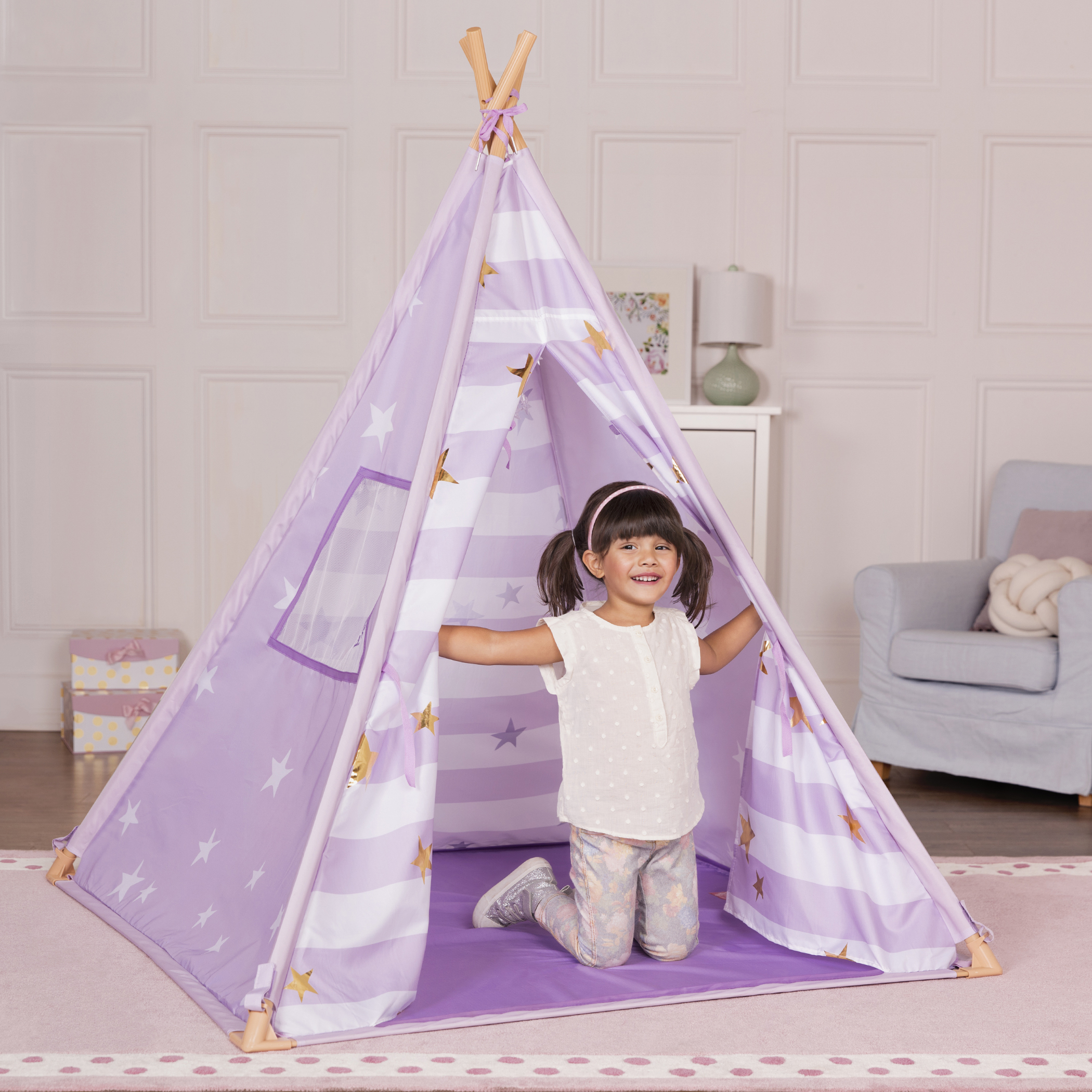 Lilac Suite Teepee little girl playing inside