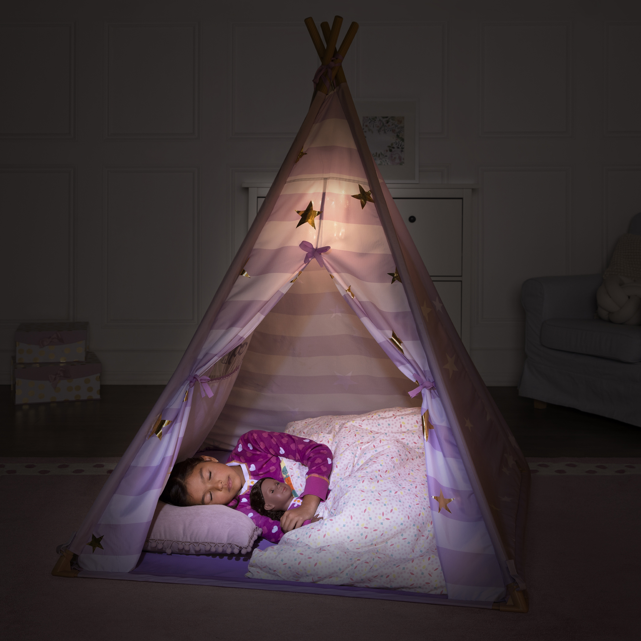Lilac Suite Teepee little girl sleeping inside with Nahla doll