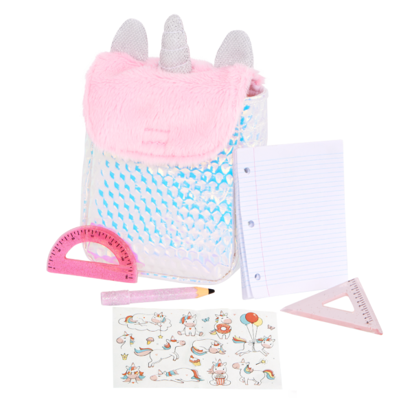 Our Generation Doll Sparkly blue Backpack with unicorn ears and horn and accessories including unicorn stickers, notebook, rulers and pencil
